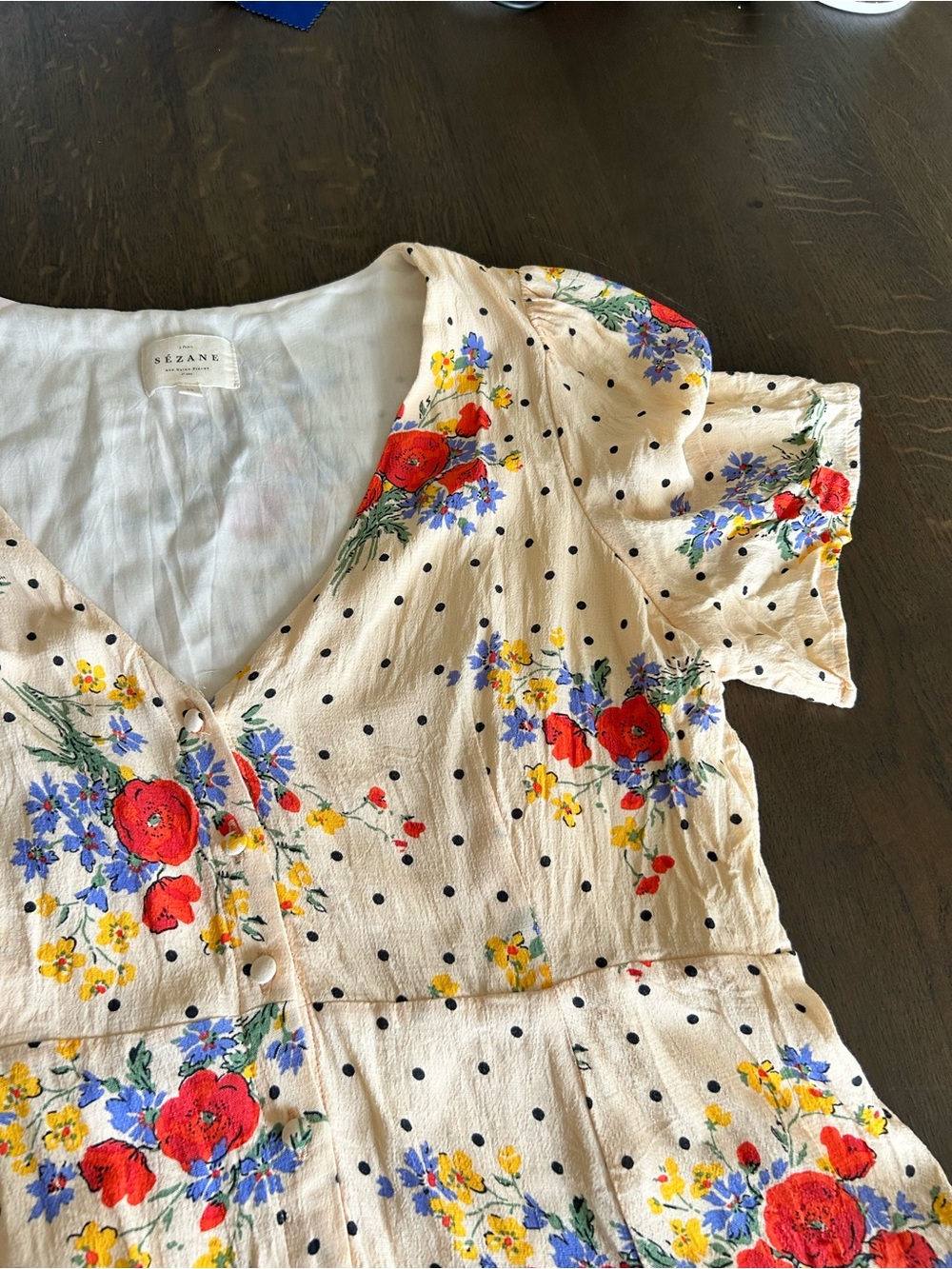 Sezane Lilly dress in poppy print floral mini dress button down short sleeve - Picture 12 of 16